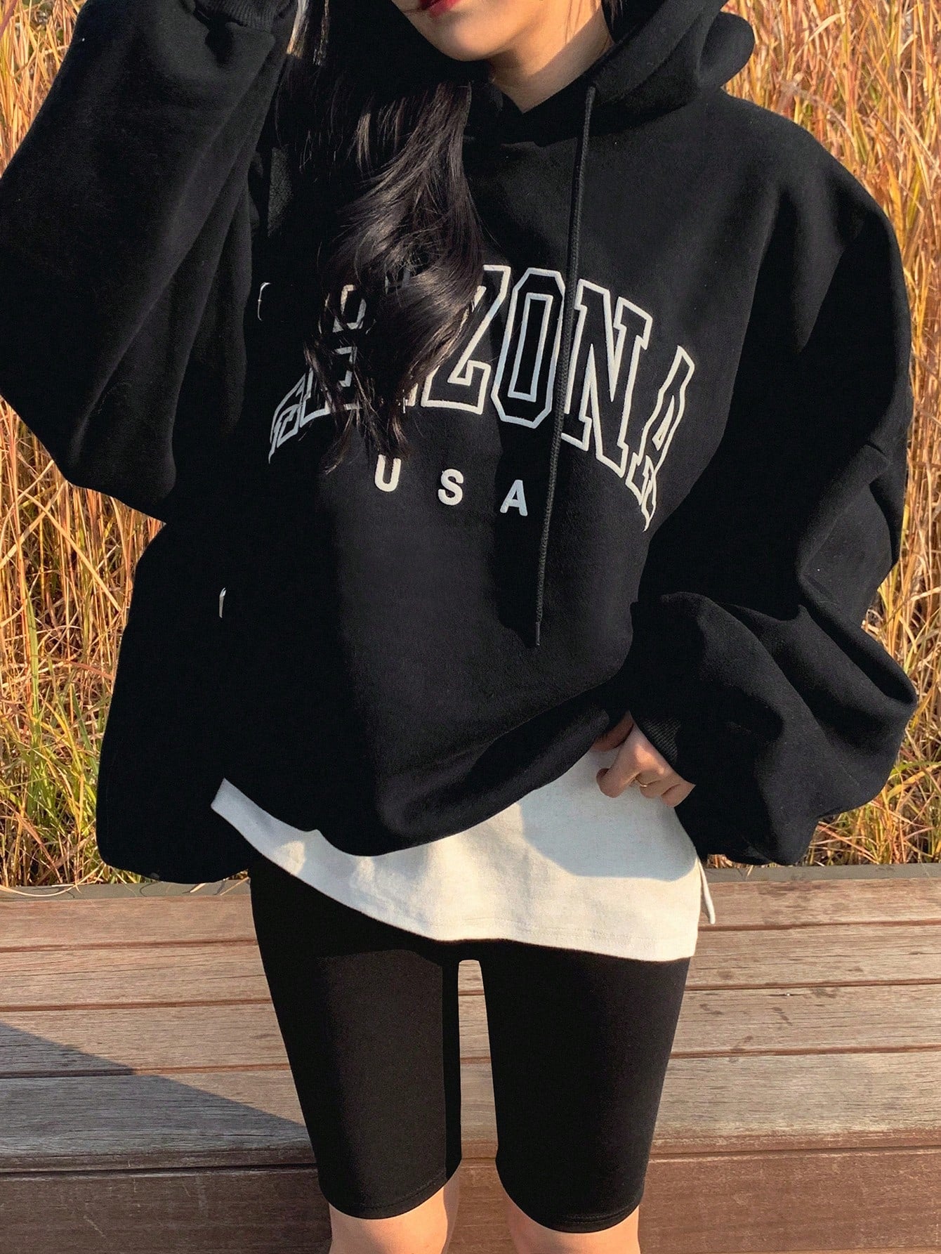 DAZY Letter Graphic Drop Shoulder Drawstring Hoodie Without Tee