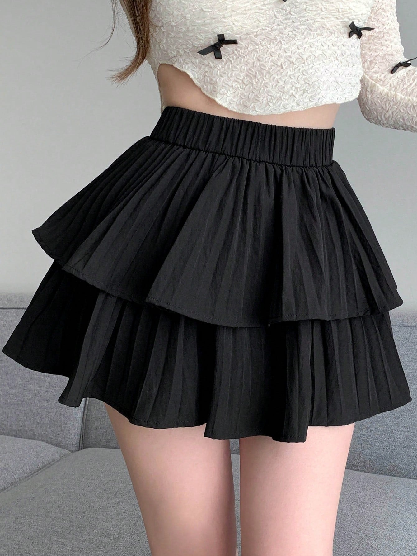 Women's Solid Color Double Layered Pleated Skirt