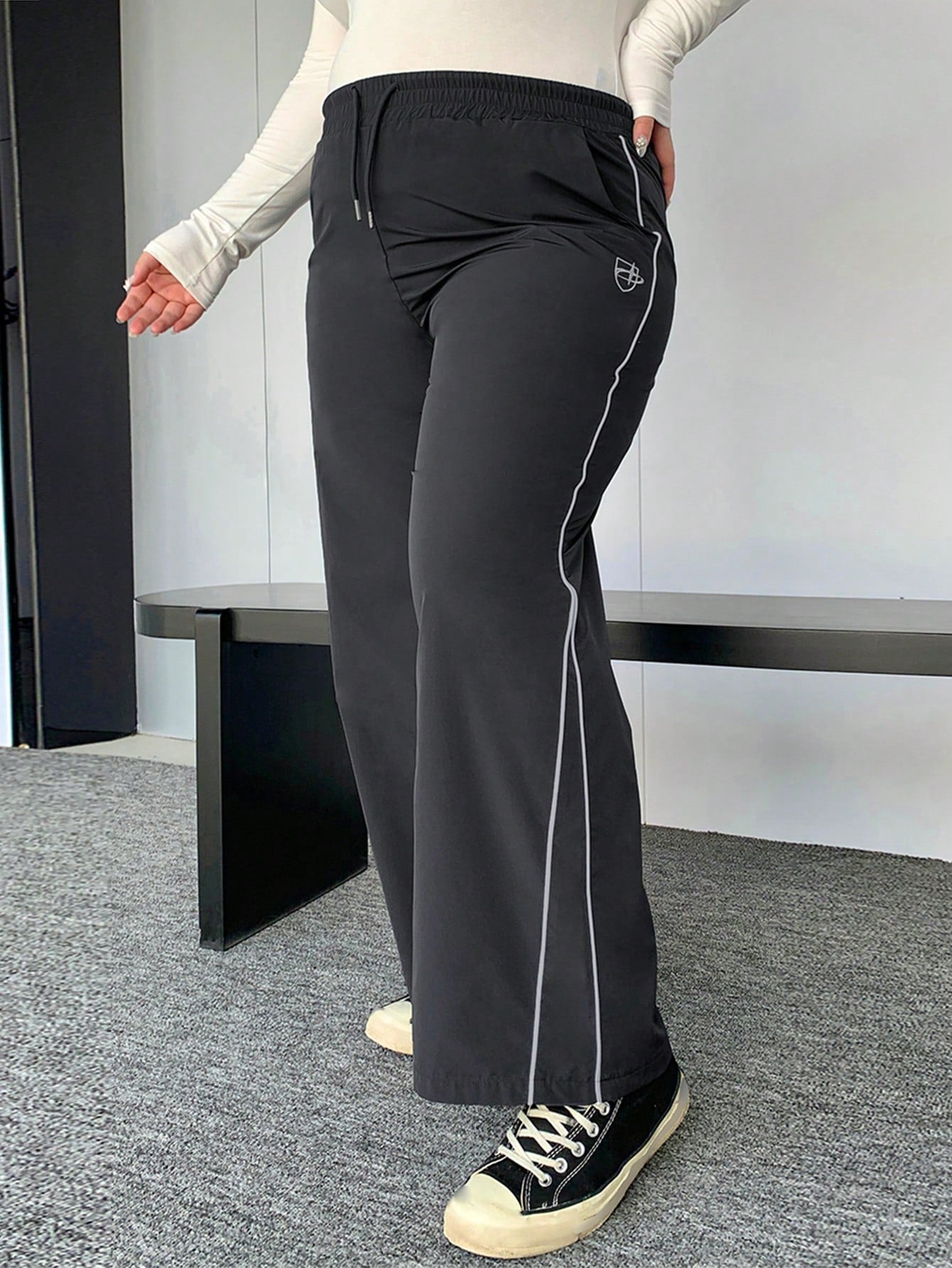 Women's Plus Size Drawstring Waist Contrast Binding Leggings