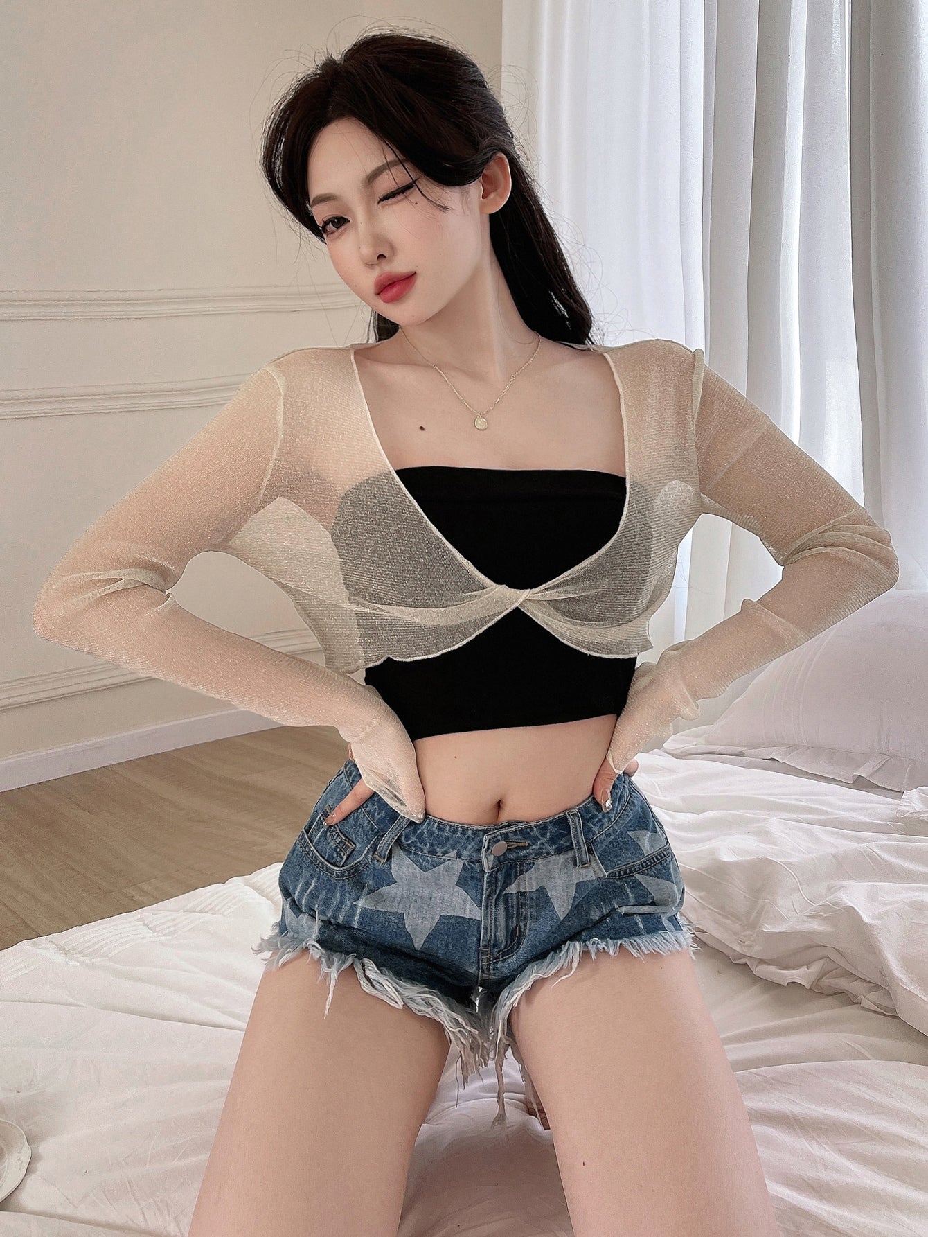 DAZY Letter Graphic Mesh Top Without Bra