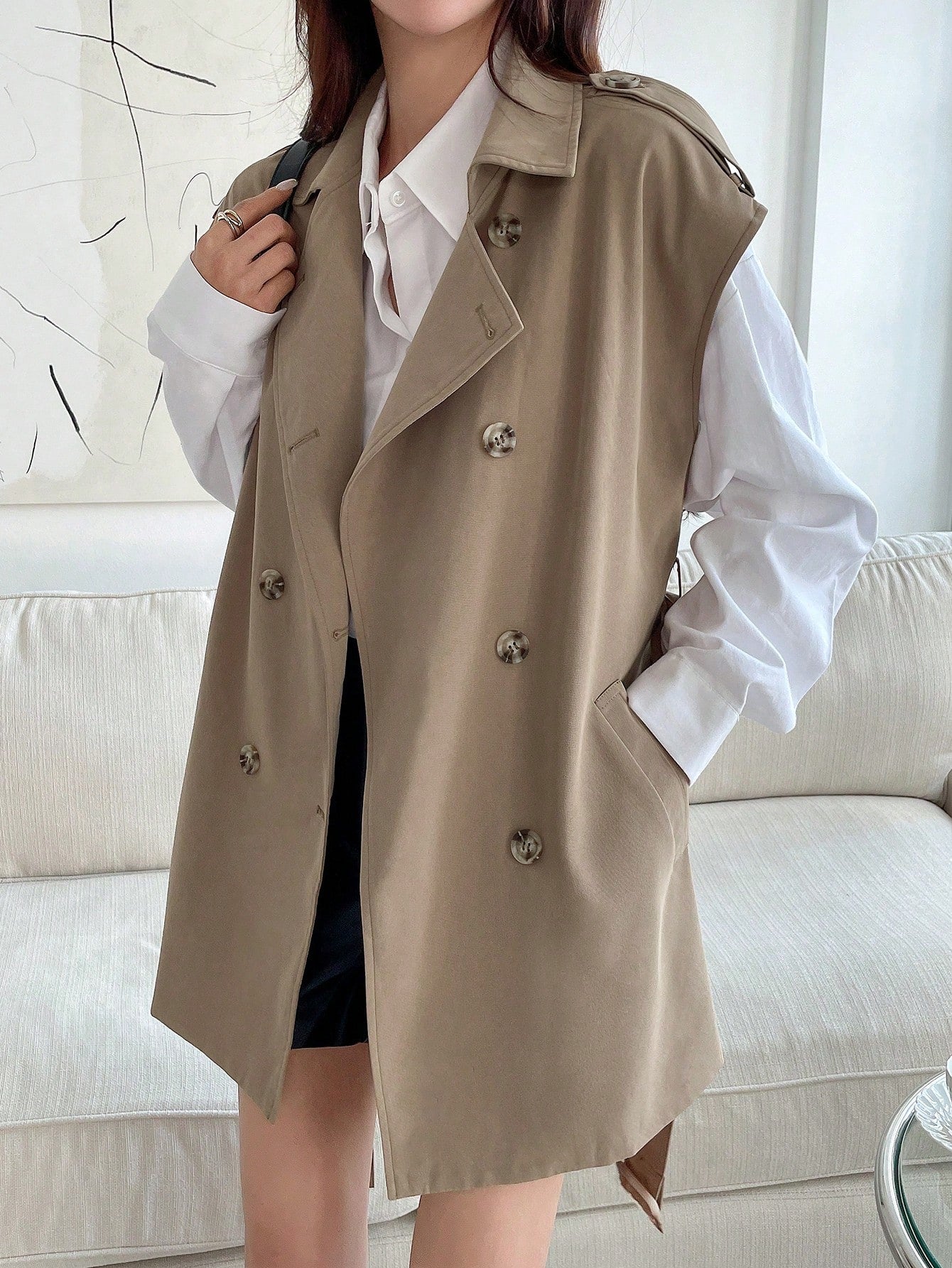 Double Breasted Belted Vest Trench Coat – DAZY