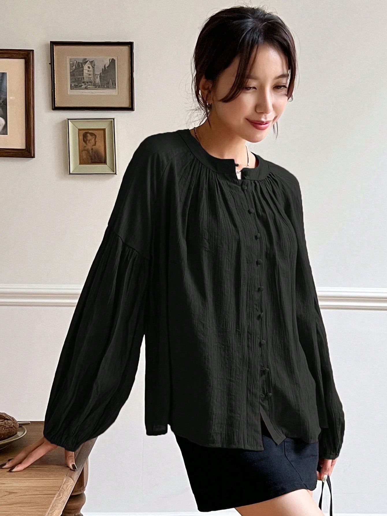 Solid Button Front Bishop Sleeve Blouse