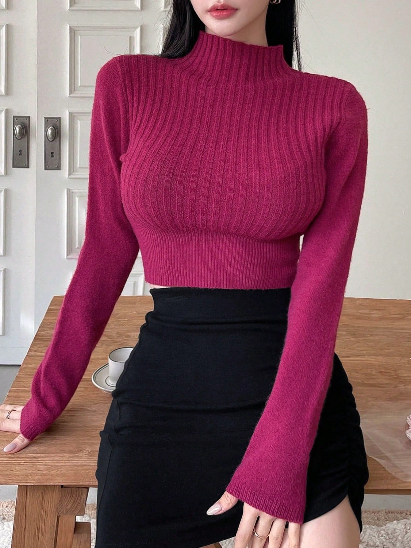 Women'S Solid Color Stand Collar Slim Fit Sweater – DAZY