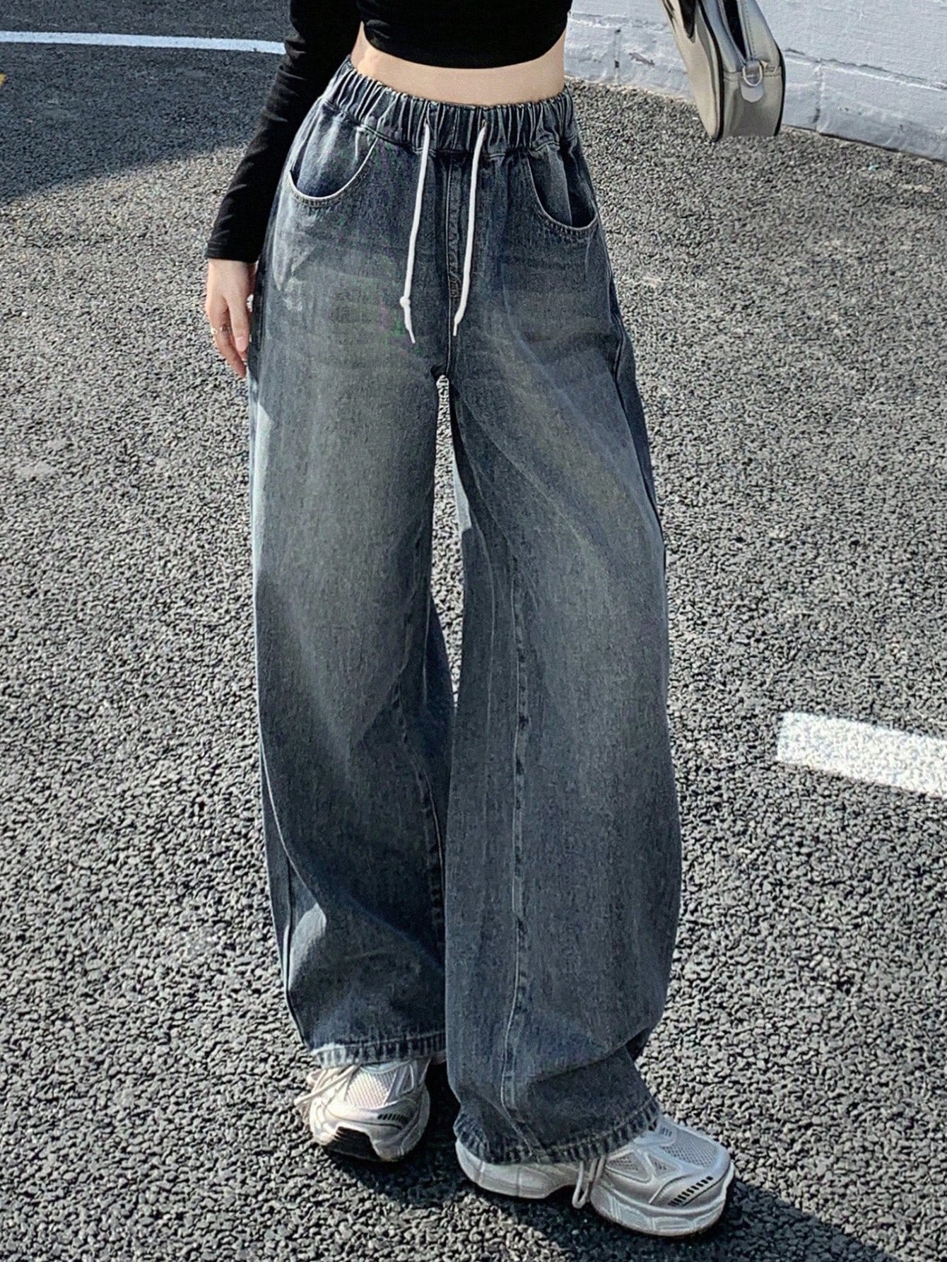 Drawstring High Waisted Wide Leg Jeans